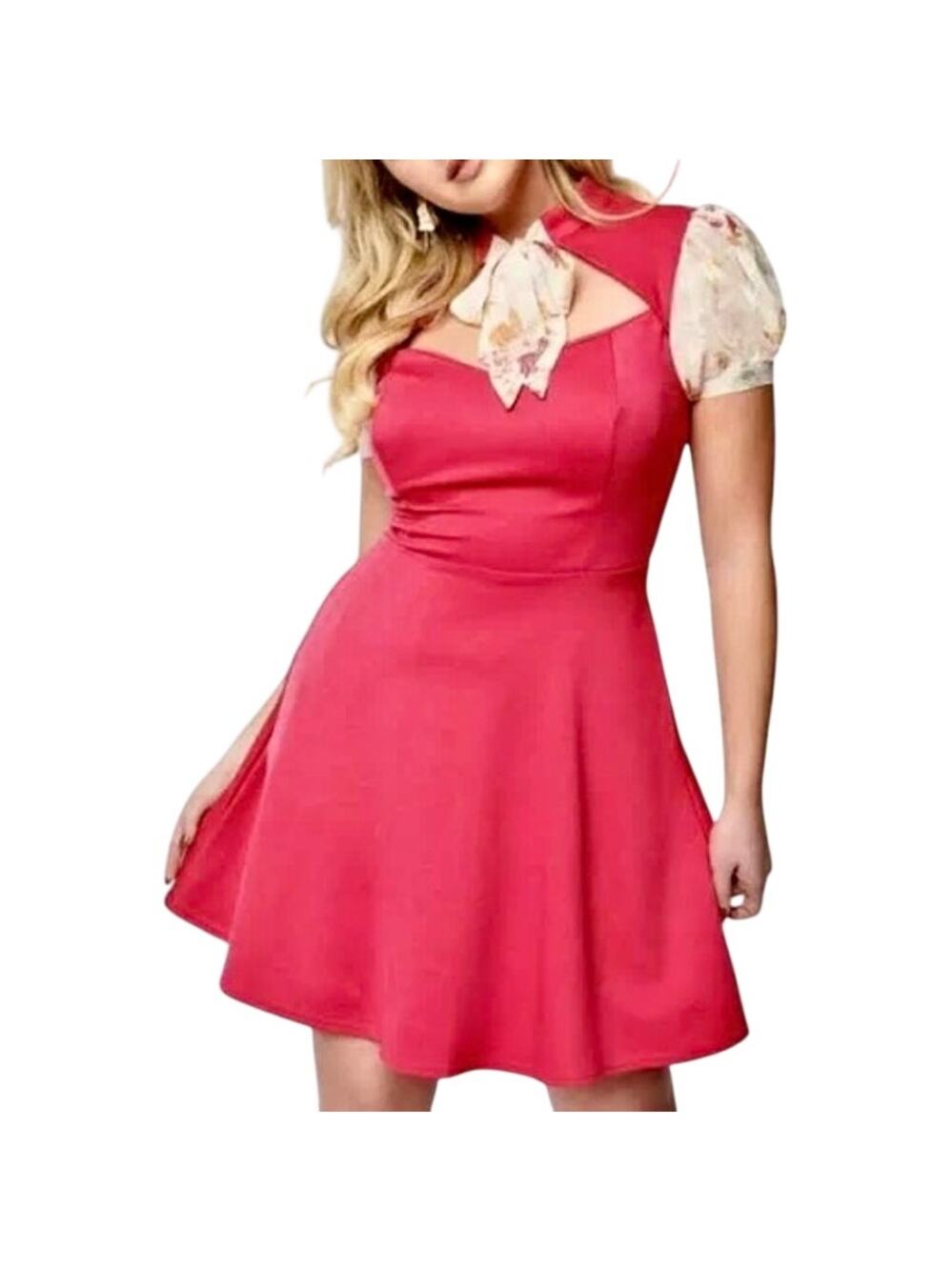 Smak Parlour Rose Pink Ponte Knit Keyhole Pinup Betty Dress Puff Sleeve Bow XL